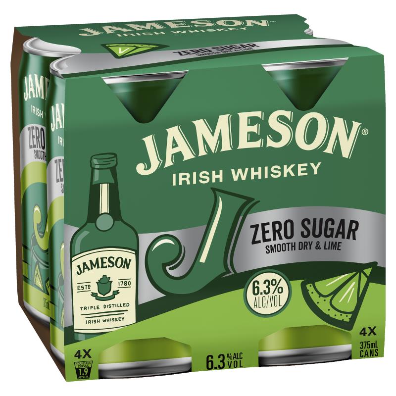 Jameson Zero Sugar Dry & Lime 6.3% 4 Pack Cans 375ml