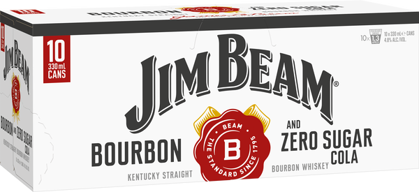 Jim Beam & Zero Sugar Cola 4.8% 10 Pack Cans 330ml