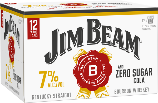 Jim Beam & Zero Sugar Cola 7% 12 Pack Cans 250ml