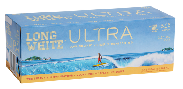 Long White Ultra Peach & Lemon 5% 10 Pack Cans 320ml