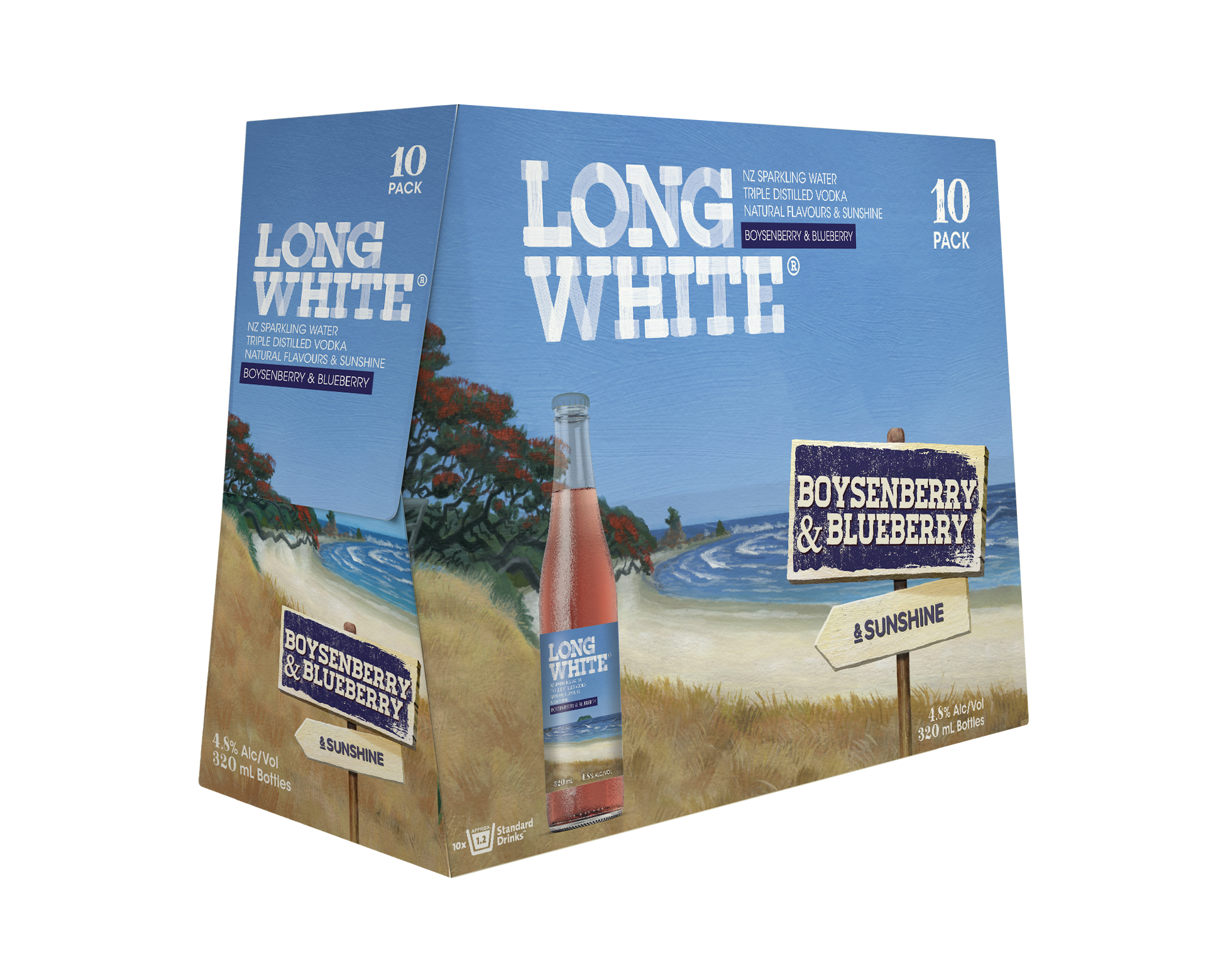 Long White Vodka Boysenberry & Blueberry 4.8% 10 Pack Bottles 320ml