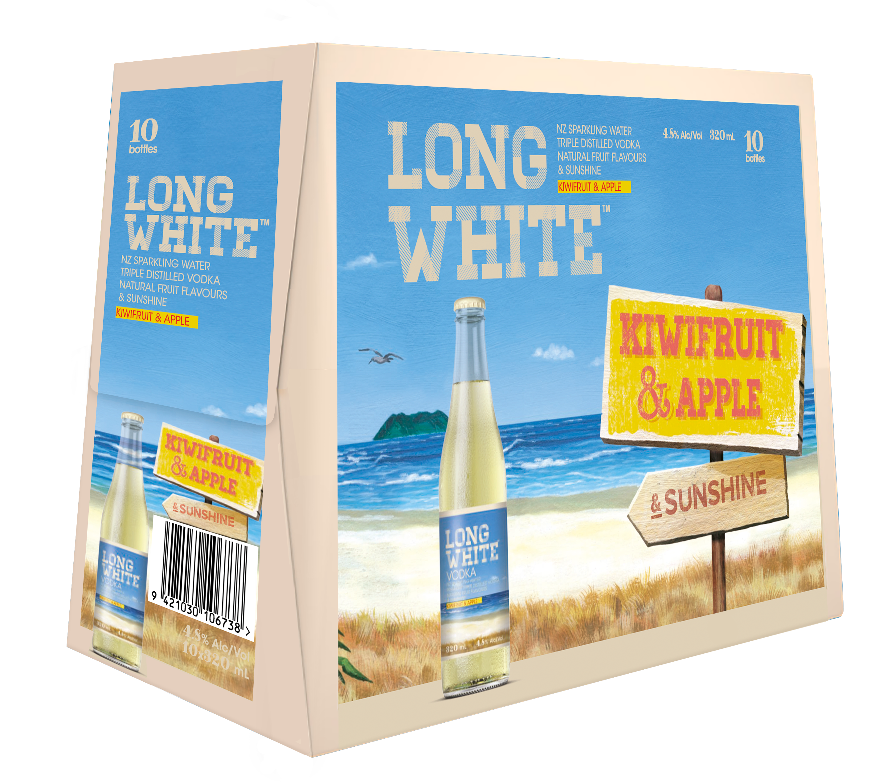 Long White Vodka Kiwifruit & Apple 4.8% 10 Pack Bottles 320ml