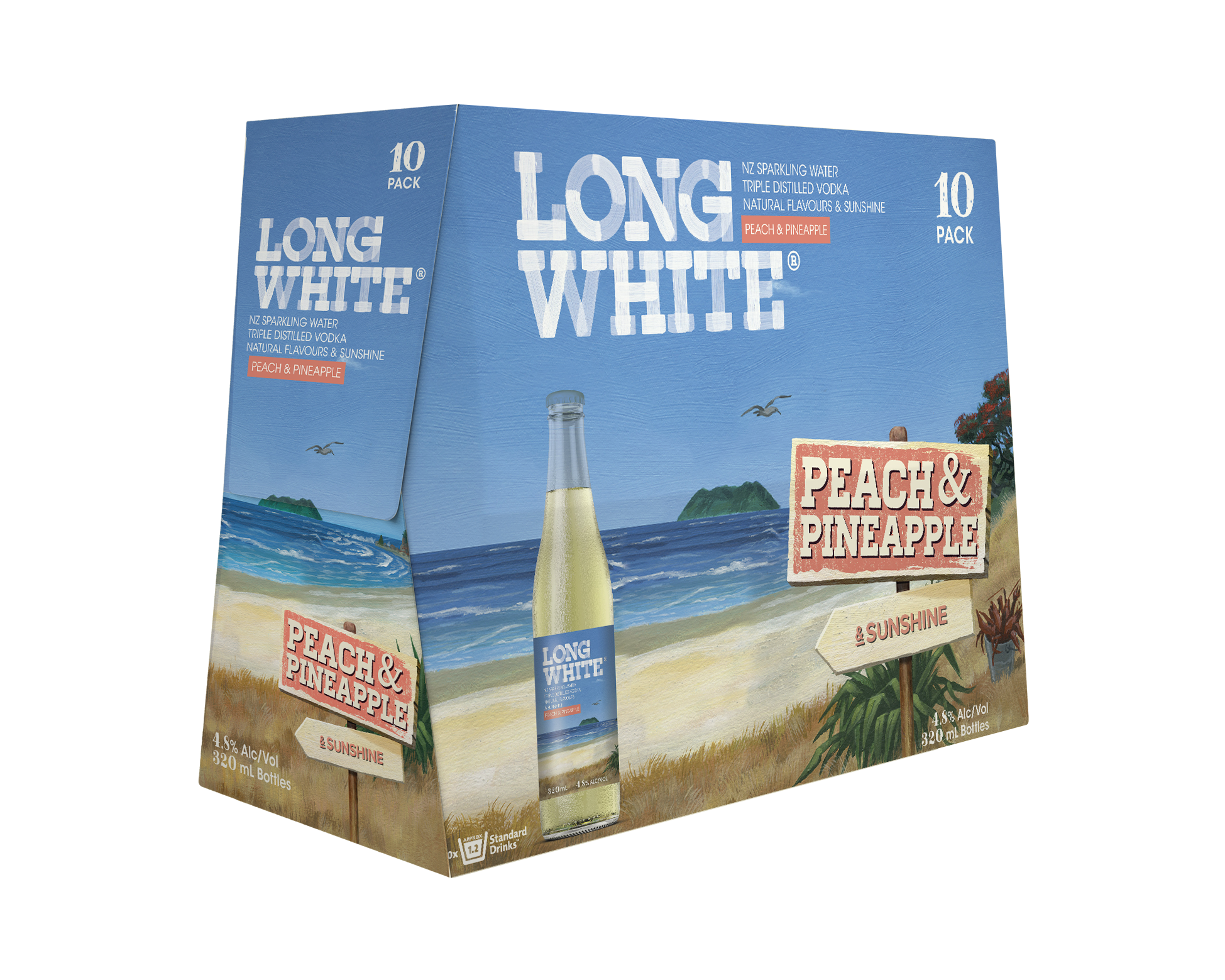 Long White Vodka Peach & Pineapple 4.8% 10 Pack Bottles 320ml