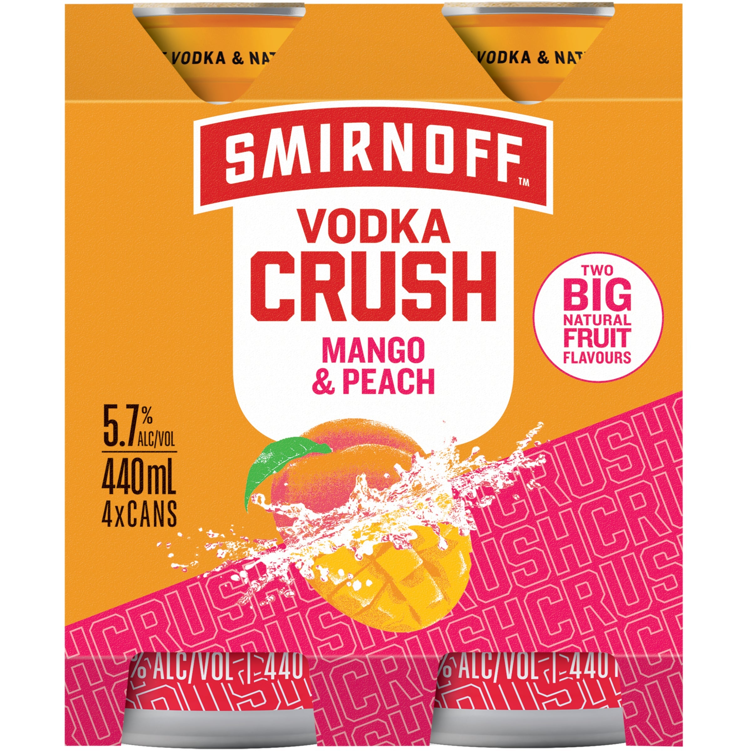 Smirnoff Vodka Crush Mango Peach 5.7% 4 Pack Cans 440ml