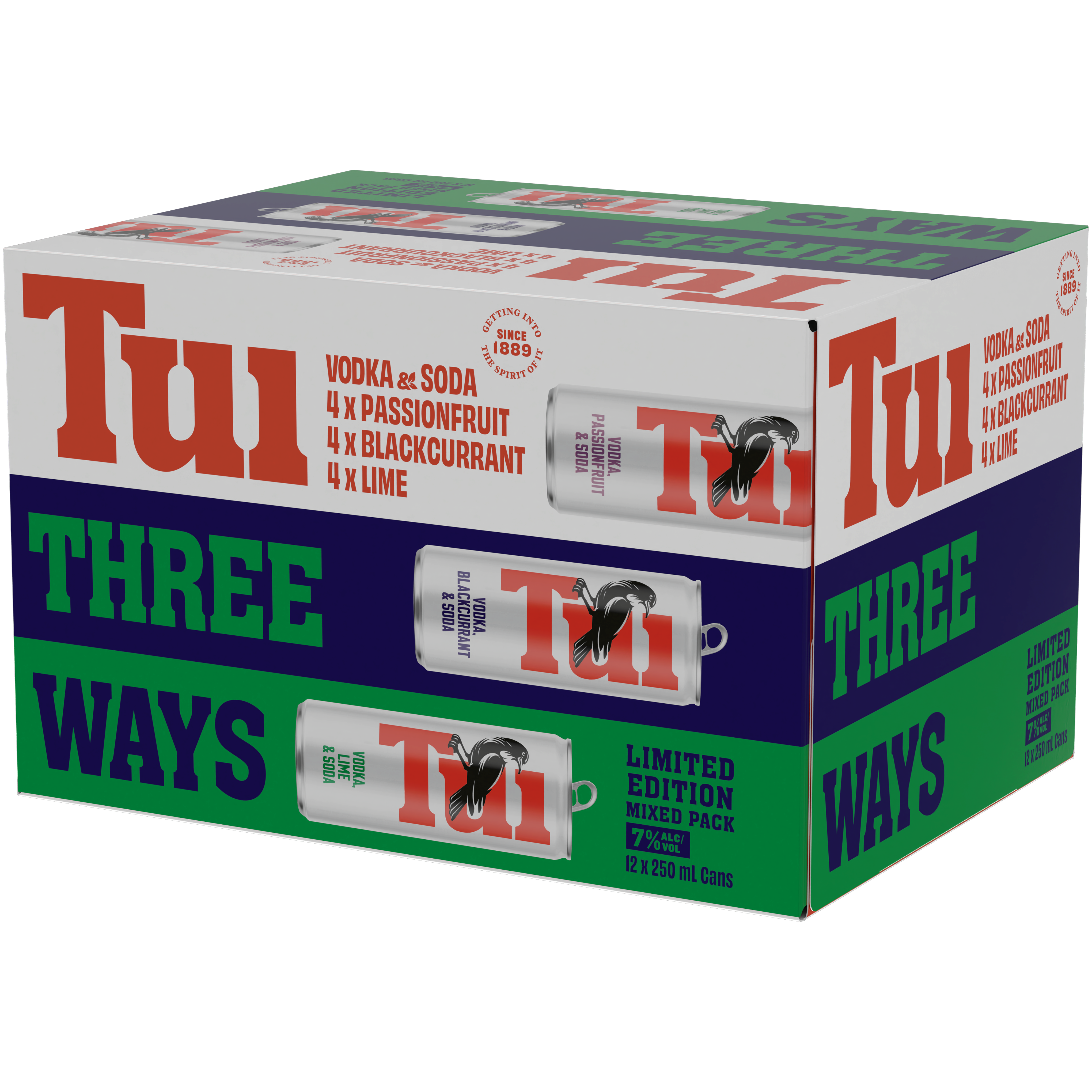 Tui Three Ways Vodka Mixed 7% 12 Pack Cans 250ml